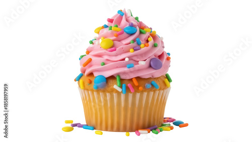 Photos Delicious pink frosted cupcake with colorful sprinkles isolated PNG, sweet treat