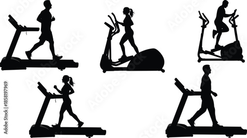 Set of fitness silhouettes showing men and women on treadmills and ellipticals for cardio, cad drawing flat vector illustration