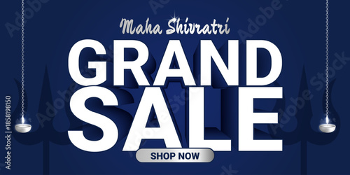 Maha Shivratri Grand Sale banner with trishul, lamps, blue background. Vector illustration for Hindu celebration, holiday promotion