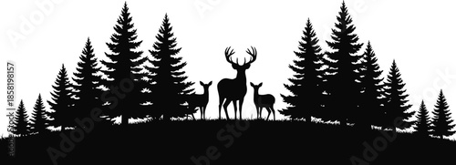 Deer Family in Majestic Forest Silhouette - Wildlife Nature Scene Vector Illustration