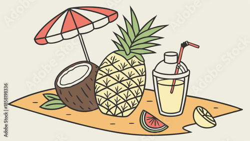 Refreshing Tropical Beach Drinks Doodle Art for Summer Holiday Advertising and Web Design