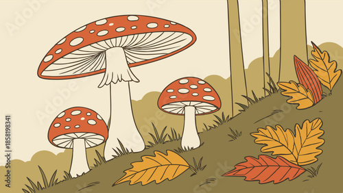 Rustic Autumn Forest Illustration with Red Amanita Mushrooms and Fallen Oak Leaves Woodland Scene Drawing for Seasonal Web Design.