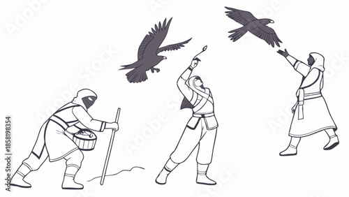 Traditional Falconry Training Line Art Illustration Desert Hunters and Birds of Prey Vector Graphic Cultural Heritage