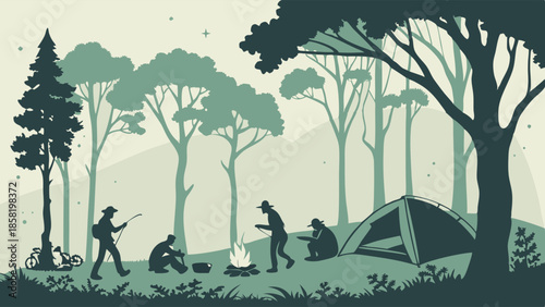 Friends Camping Adventure in Forest Wilderness Silhouette Group Relaxing by Campfire Tent Nature Travel Exploration Vector Illustration