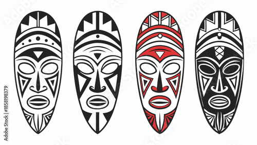 Decorative African Tribal Masks Vector Set Traditional Ethnic Ritual Face Symbols Graphic Design Elements Black and Red Art