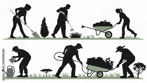 Home Gardening and Landscaping Silhouettes People Working Outdoors Planting Raking Watering and Digging Yard Maintenance Activities