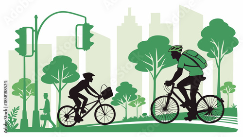 Sustainable Urban Commuting Illustration Diverse Cyclists Riding Bicycles in Green City Park for Healthy Eco Friendly Transportation