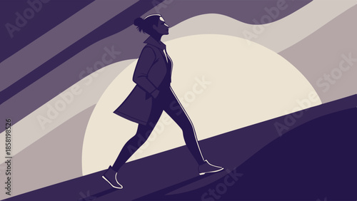 Determined Woman Walking Uphill Silhouette Graphic Illustration of Career Progress Ambition and Future Success Journey