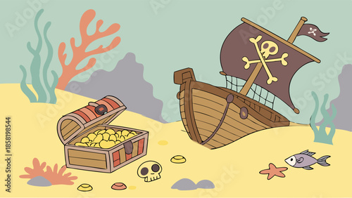 Sunken Pirate Shipwreck and Open Treasure Chest Full of Gold Coins Underwater Adventure Wealth Success Illustration for Kids.
