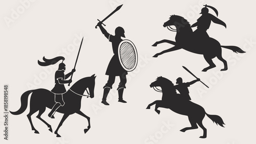Medieval Warrior Silhouettes Vector Set Knights and Cavalry Fighting in Historical Battle Graphic Design Assets