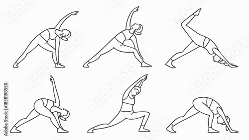 Outline Illustration Set of Woman Doing Yoga Poses Stretching Exercise Fitness Workout Minimalist Line Art for Health and Wellness Web Design