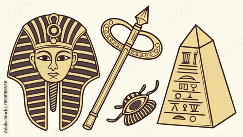 Vintage Egyptian Symbols Illustration Pharaoh Mask Obelisk Scepter Scarab Beetle Ancient Civilization History Heritage Travel Design Element