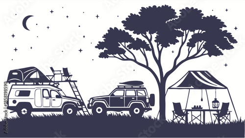 Monochrome Overlanding Adventure Camping Scene 4x4 Vehicle Rooftop Tent Night Travel Illustration