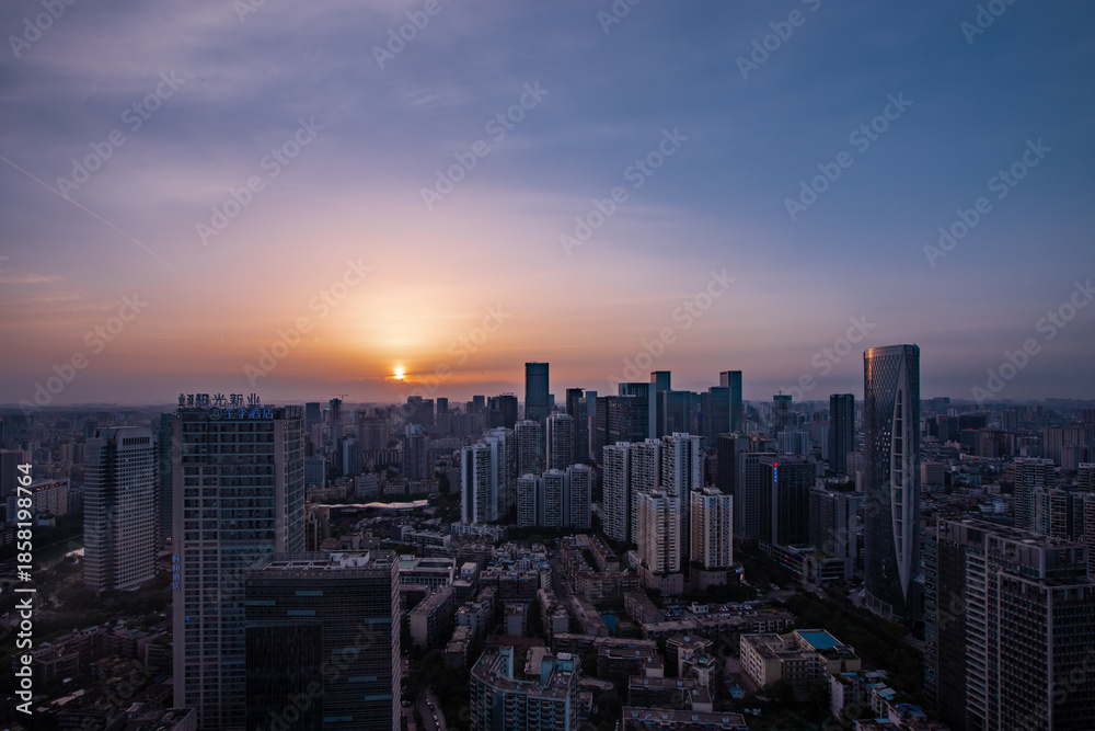 Fototapeta premium Sunset Over Chengdu Wuhou District Skyline, China