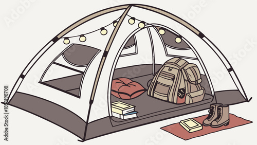 Cozy Camping Tent Interior Setup Vector Art Glamping Adventure Travel Lifestyle and Relaxation