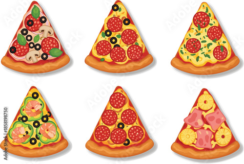 Large vector collection of diverse pizza slices with toppings like pepperoni, mushrooms, and olives, including logo designs, branding ribbons, and creative character elements.