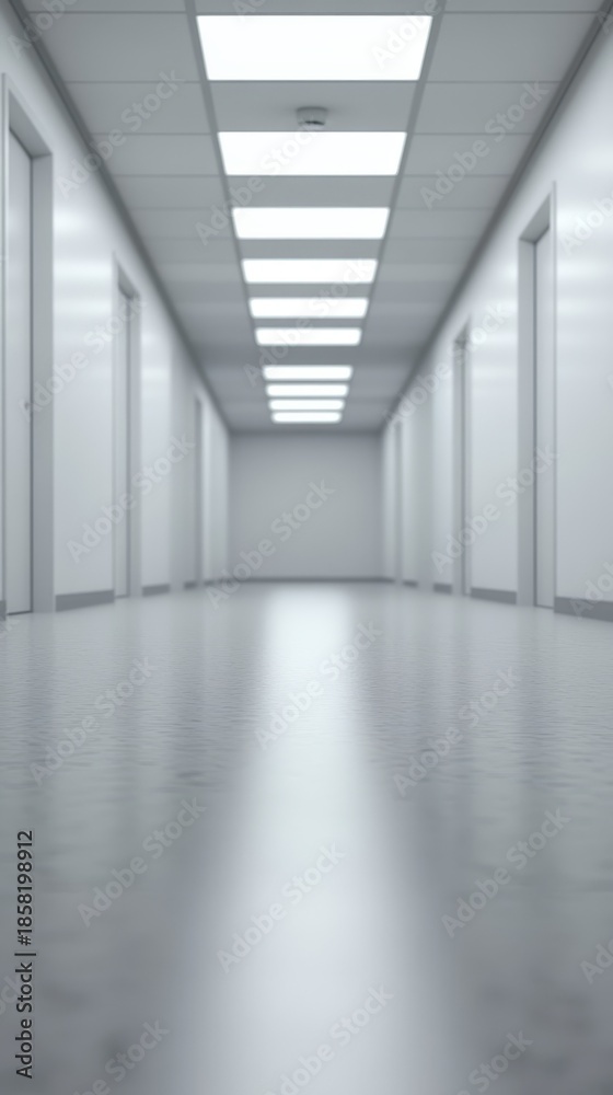 Fototapeta premium Long empty modern corridor with white walls bright ceiling lights minimalist interior hallway architecture and clean perspective.