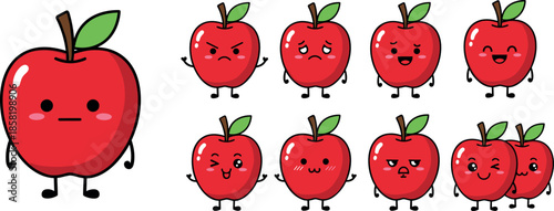 Cute apple character illustration set with funny facial expressions in kawaii cartoon style for kids designs, food branding, stickers, and playful creative projects