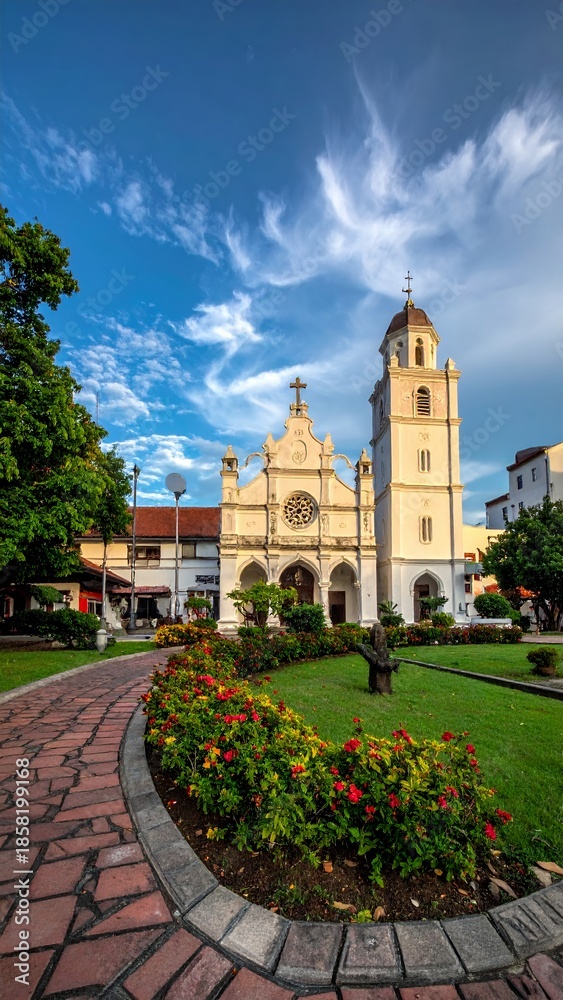 Fototapeta premium Historic Church and Bell Tower with Lush Gardens Under a Vibrant Blue Sky.