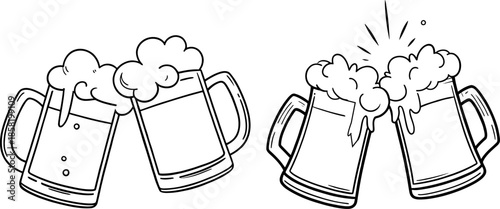Two pairs of frothy beer mugs clinking in celebration and happiness, illustrated in a simple black and white graphic style