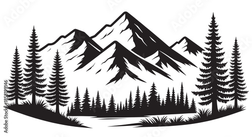 Black and white vector illustration of a majestic mountain range with pine forest and lake isolated on white.