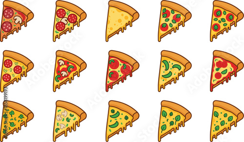 Large collection of detailed vector pizza slices featuring gourmet toppings like pepperoni, ham, pineapple, mushrooms, broccoli, and fresh basil.