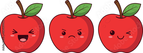 Cute apple character illustration set with happy, angry, and playful facial expressions in kawaii cartoon style for kids designs, stickers, and food branding