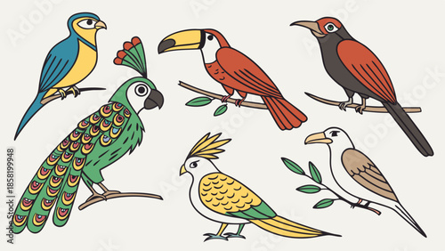 Vibrant Exotic Tropical Birds Vector Collection. Hand Drawn Macaw Toucan Parrot Cockatoo Wildlife Illustration for Nature Education and Design.