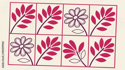 Vintage Stylized Floral Pattern Grid Decorative Magenta Botanical Tile Print for Textile Background and Web Design