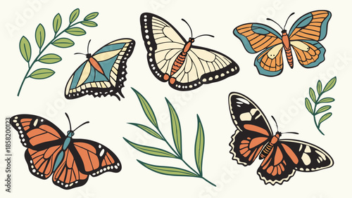 Vintage Hand Drawn Butterfly Collection and Green Botanical Leaves Elegant Boho Nature Design Assets