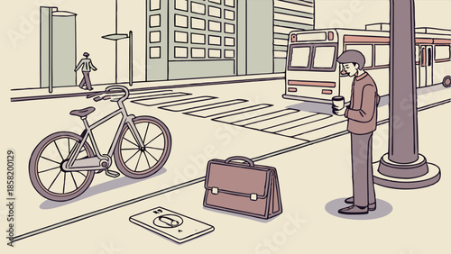 Professional Man Commuting to Work Waiting for Bus Next to Bicycle Briefcase and Dropped Smartphone City Street Illustration