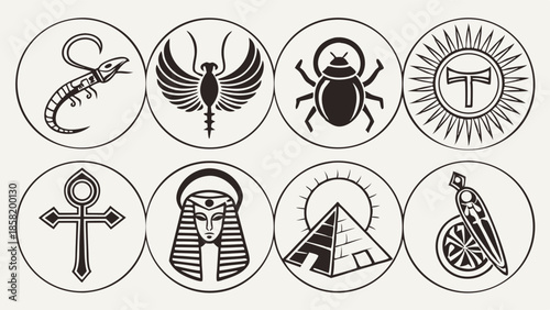 Detailed Ancient Egyptian Mythology Symbols Vector Icons Scarab Ankh Pyramid Pharaoh for Travel and Educational Graphics
