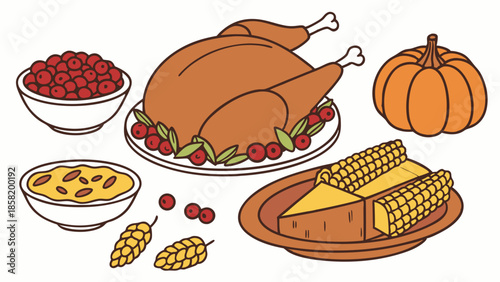Abundant Thanksgiving Dinner Feast Illustration Roasted Turkey Pumpkin Corn and Cranberry Sauce for Holiday Marketing and Web Design