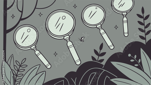 Detailed Research and Data Analysis Illustration with Multiple Magnifying Glasses Searching Nature
