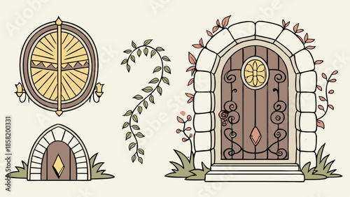 Whimsical Hand Drawn Fantasy Doors Set Rustic Magical Gates Secret Entrance Storybook Illustration for Game Design and Publishing