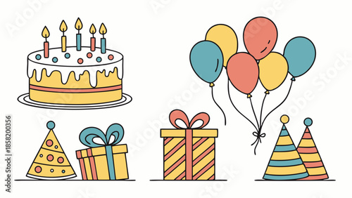 Happy Birthday Party Supplies Outline Vector Illustration Set Cake Balloons Gifts and Hats for Event Planning and Web Design