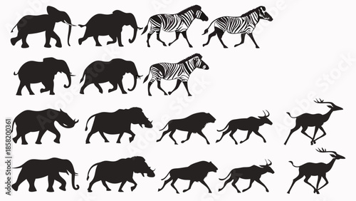 African Safari Animals Silhouettes Vector Set Elephant Zebra Rhino Wildebeest Antelope Running Wildlife Icons for Travel Design