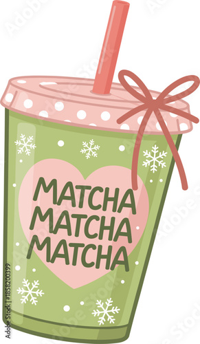 Cute cartoon matcha drink with snowflakes and heart design beverage to go