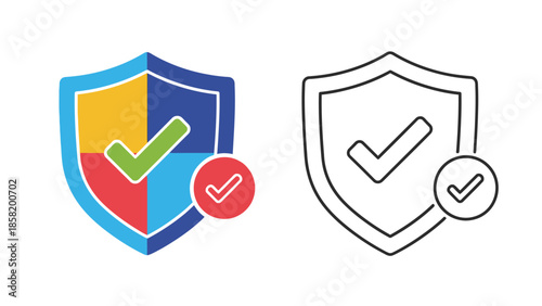 Shield with checkmark icon in color and outline styles for security