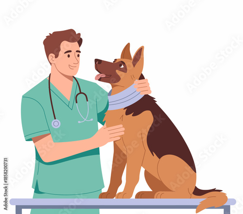 An engaging image of a veterinarian affectionately caring for a cheerful dog in a clinical setting, highlighting the bond between animals and their caretakers in a professional environment.