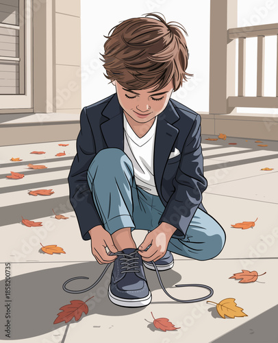 A focused boy kneels on the ground, tying his shoe laces amidst fallen autumn leaves, capturing a moment of childhood determination and the beauty of nature.