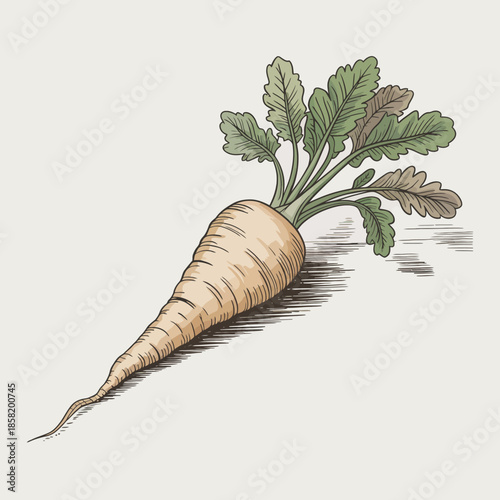 A detailed and stylized illustration of a fresh parsnip vegetable, showcasing its root and leafy top, emphasizing the beauty of nature and organic produce in artistic form.