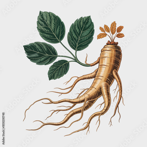 This image features a detailed illustration of a root vegetable with large green leaves, showcasing its sprouting new growth in a vibrant organic style for botanical design.