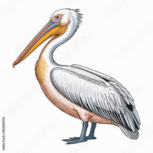 This stunning illustration features a white pelican with striking colors, showcasing its long beak and beautiful plumage, representing nature's elegance and wildlife.