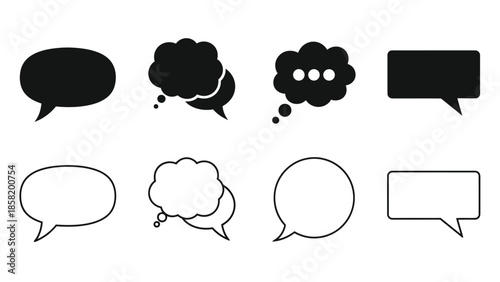 Black and white illustration of various speech and thought bubble shapes