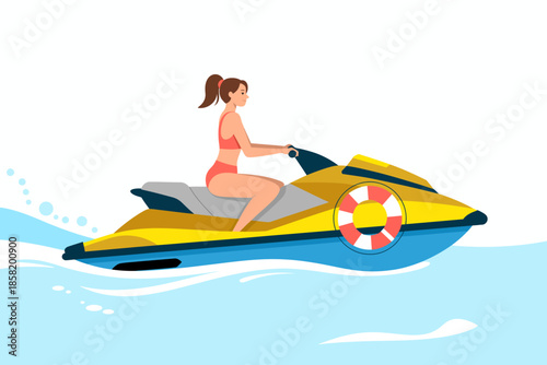 A dynamic illustration showing a young woman riding a jet ski, capturing the thrill and excitement of water sports and the freedom of summer adventures on the water.