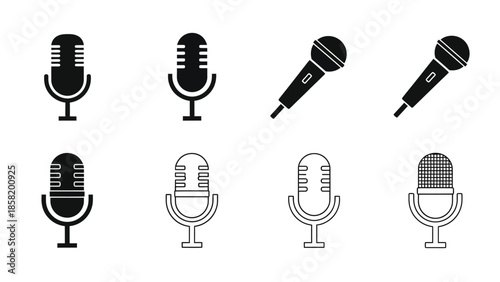Collection of vintage and modern microphone icons in black and white