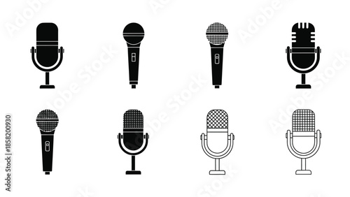 Collection of vintage and modern microphone silhouettes in black and white