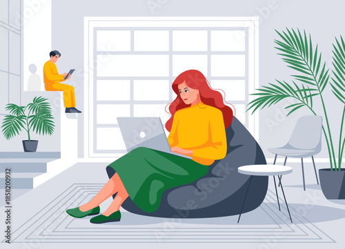 A stylish and modern living space featuring a woman working on a laptop while seated on a bean bag chair, creating a comfortable and productive atmosphere.