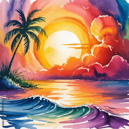 An exquisite watercolor scene depicting a colorful sunset over the ocean, showcasing the beauty of nature and capturing serene moments that inspire peaceful reflections.